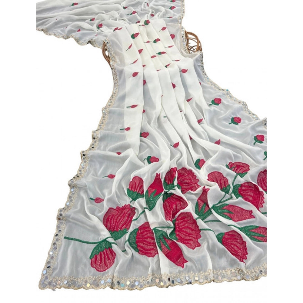 Women's Georgette Embellished Saree With Unstitched Blouse 5.5Mtr?(Cream-Red)