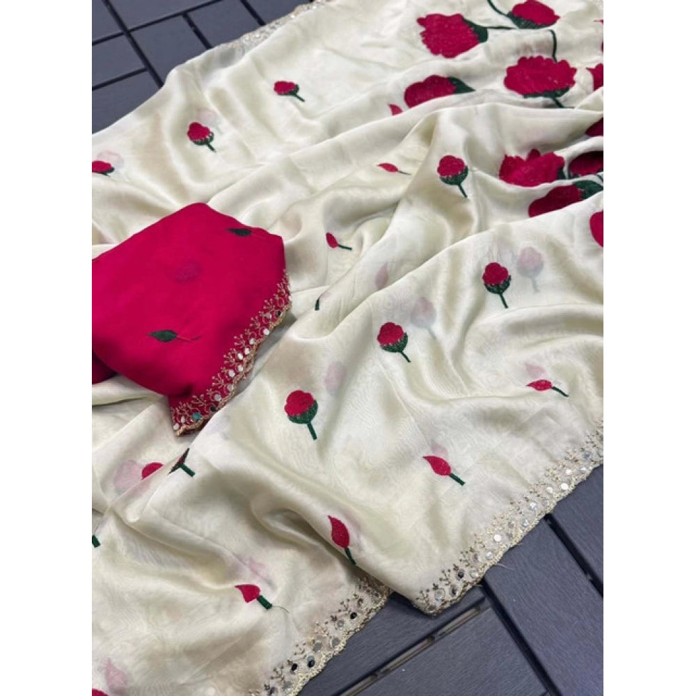 Women's Georgette Embellished Saree With Unstitched Blouse 5.5Mtr?(Cream-Red)
