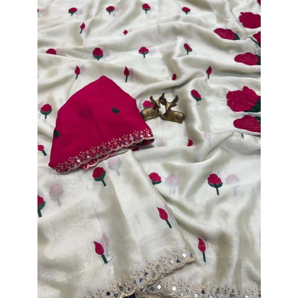 Women's Georgette Embellished Saree With Unstitched Blouse 5.5Mtr?(Cream-Red)