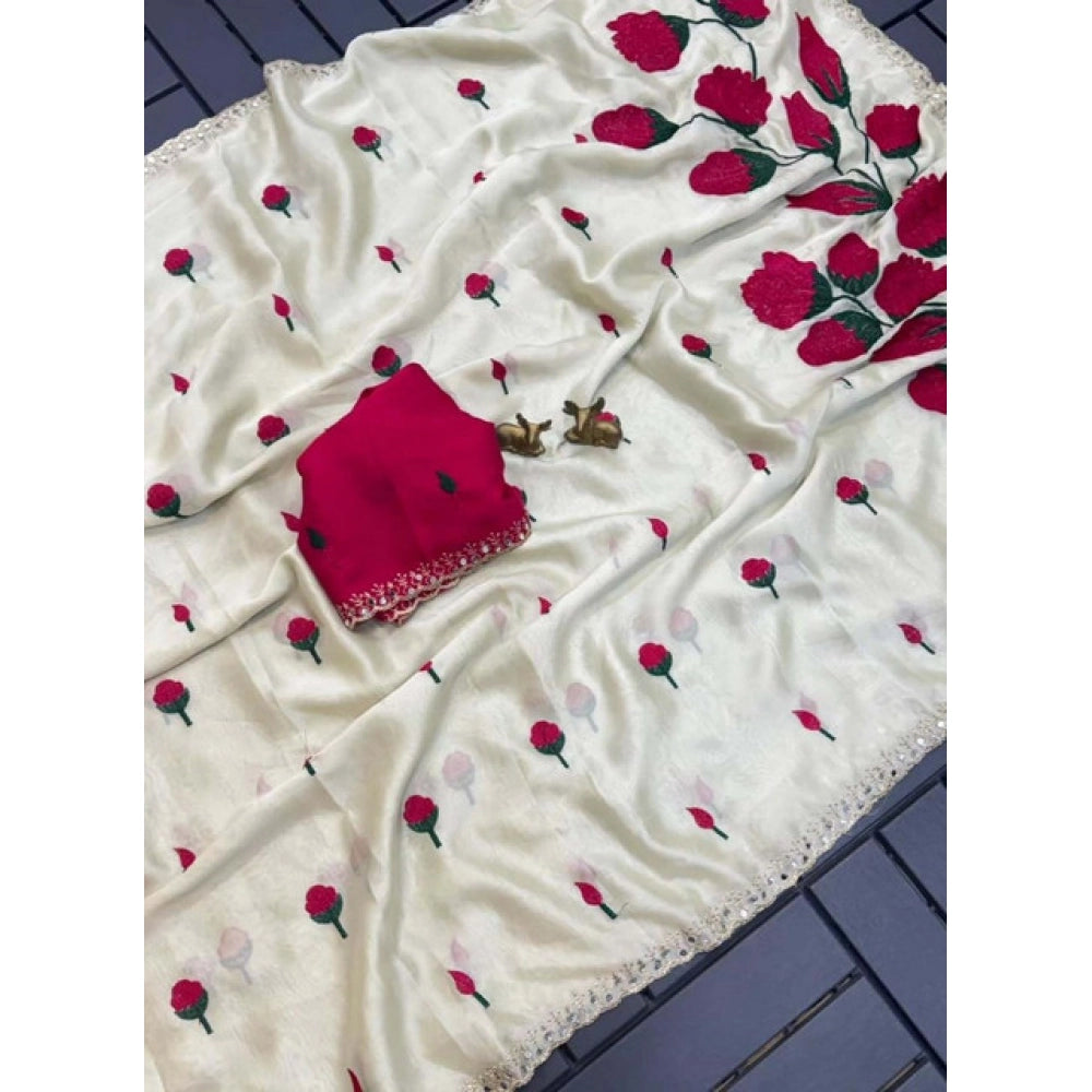 Women's Georgette Embellished Saree With Unstitched Blouse 5.5Mtr?(Cream-Red)