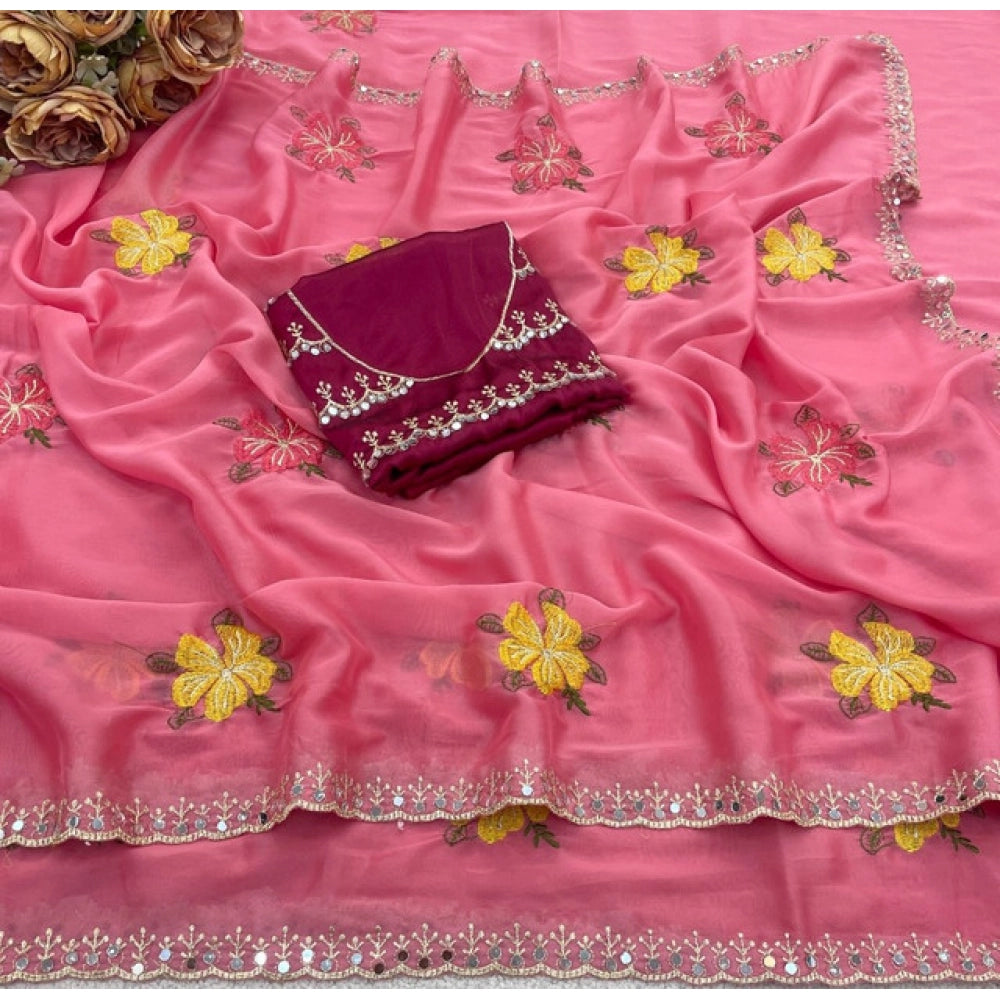 Women's Georgette Embellished Saree With Unstitched Blouse 5.5Mtr?(Pink)