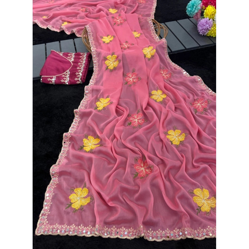 Women's Georgette Embellished Saree With Unstitched Blouse 5.5Mtr?(Pink)