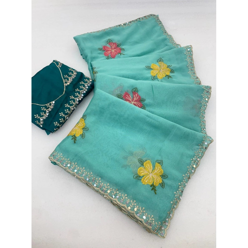 Women's Georgette Embellished Saree With Unstitched Blouse 5.5Mtr?(Aqua Blue)