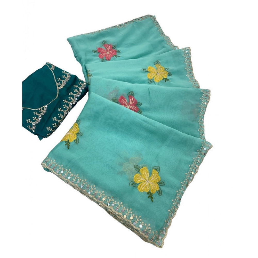 Women's Georgette Embellished Saree With Unstitched Blouse 5.5Mtr?(Aqua Blue)