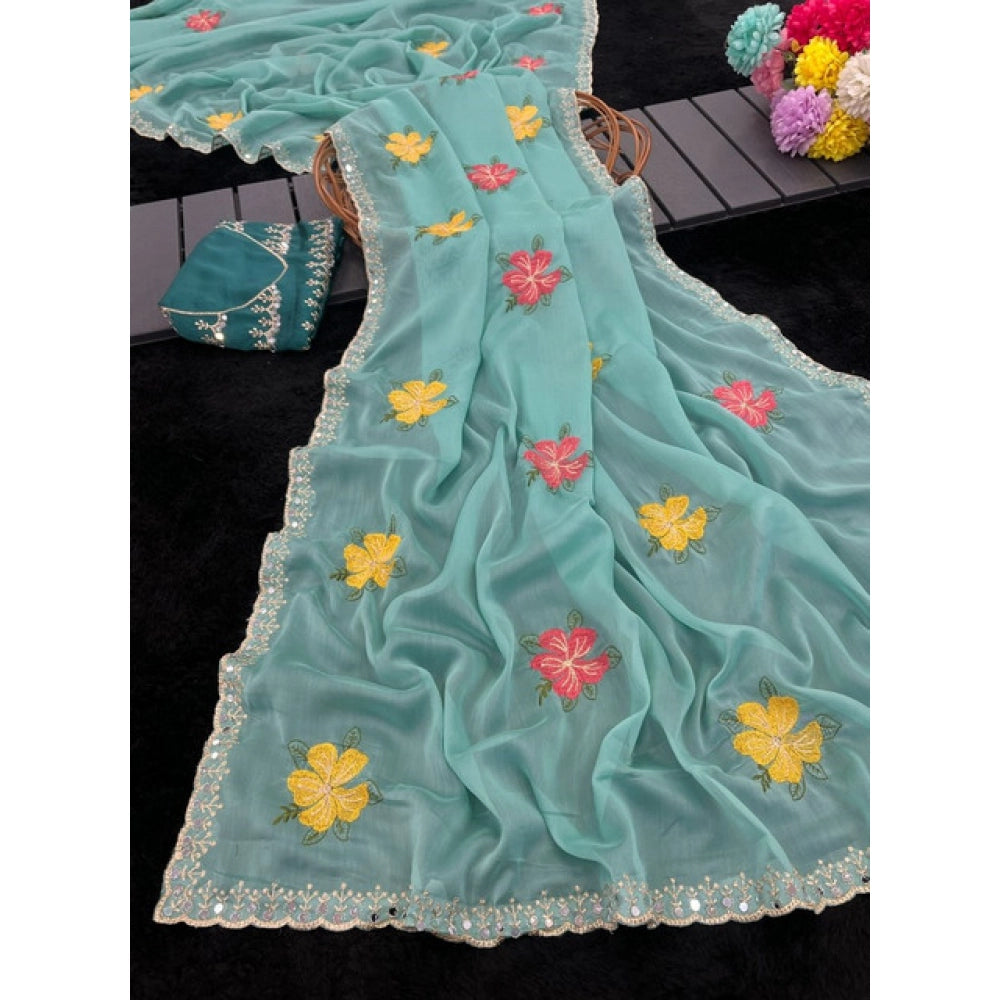 Women's Georgette Embellished Saree With Unstitched Blouse 5.5Mtr?(Aqua Blue)