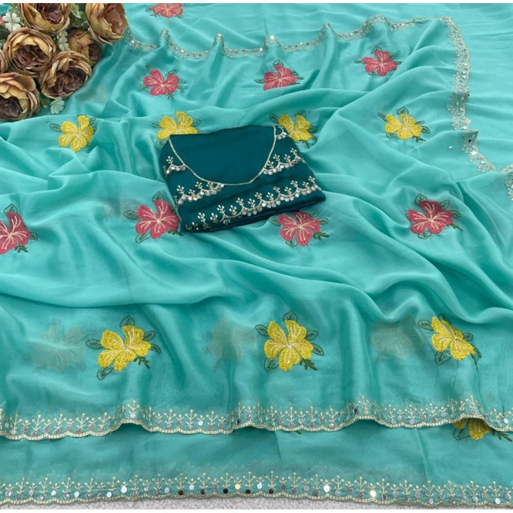 Women's Georgette Embellished Saree With Unstitched Blouse 5.5Mtr?(Aqua Blue)