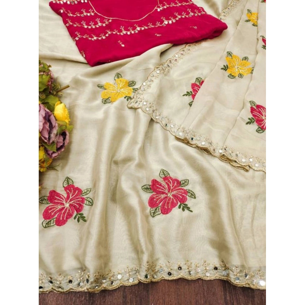 Women's Georgette Embellished Saree With Unstitched Blouse 5.5Mtr?(Cream)