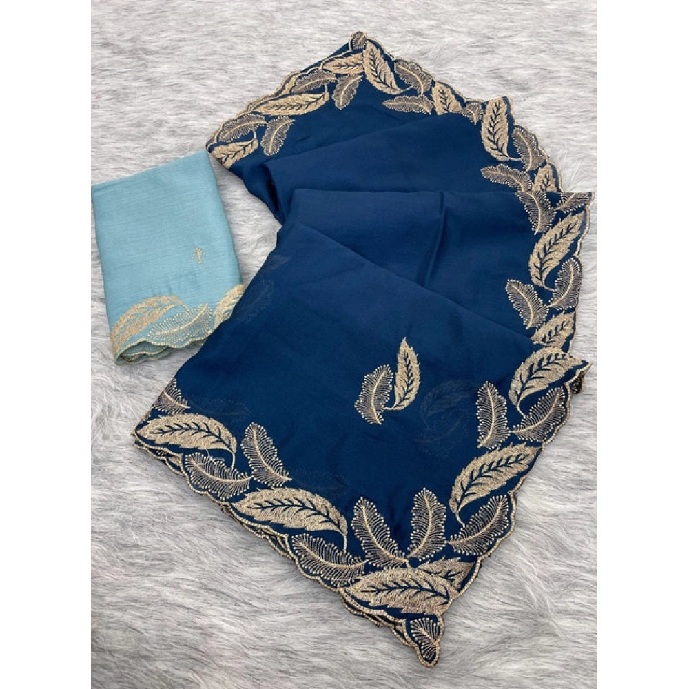 Women's Chiffon Embroidered Saree With Unstitched Blouse 5.5Mtr?(Blue)