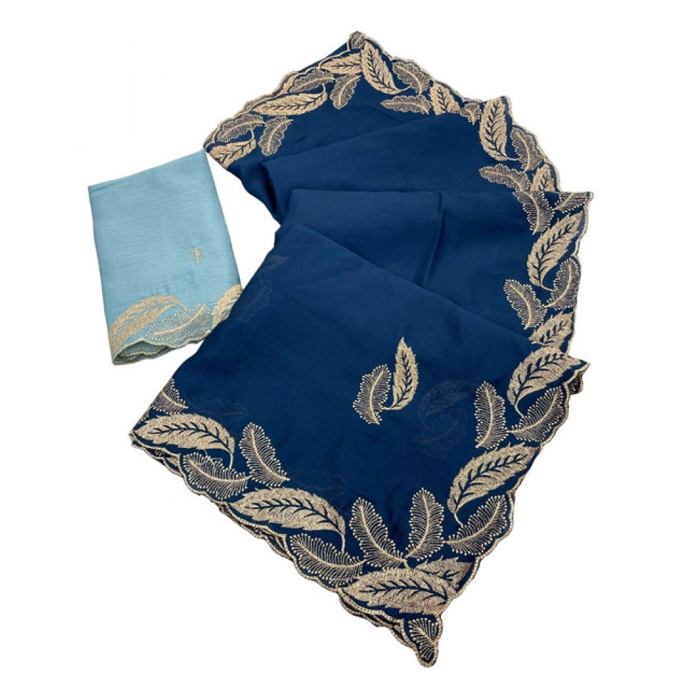 Women's Chiffon Embroidered Saree With Unstitched Blouse 5.5Mtr?(Blue)