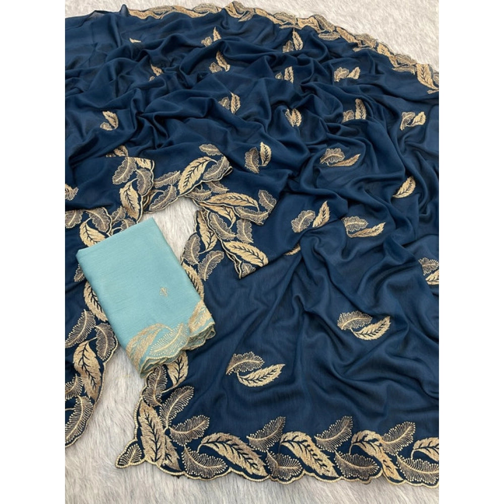 Women's Chiffon Embroidered Saree With Unstitched Blouse 5.5Mtr?(Blue)
