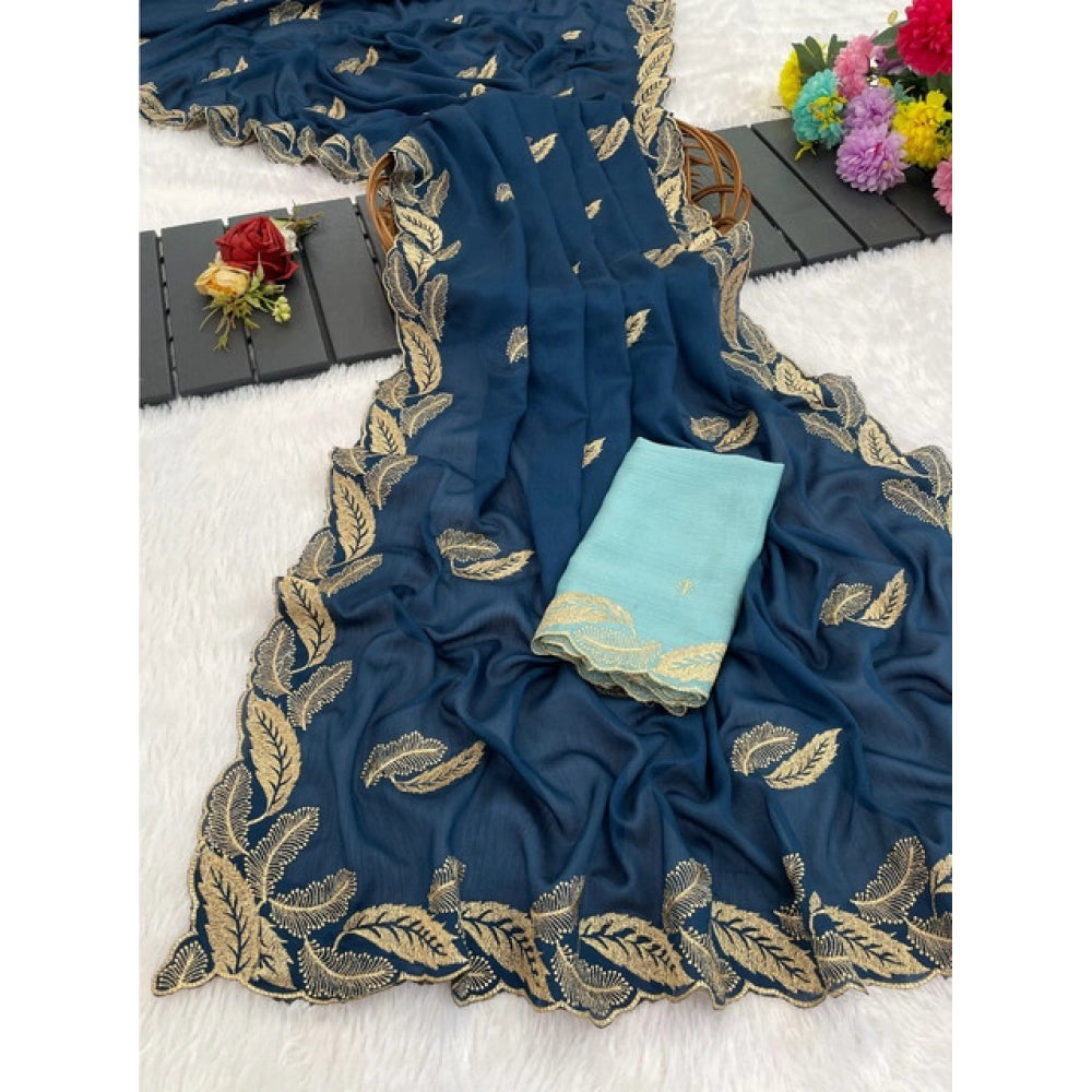 Women's Chiffon Embroidered Saree With Unstitched Blouse 5.5Mtr?(Blue)