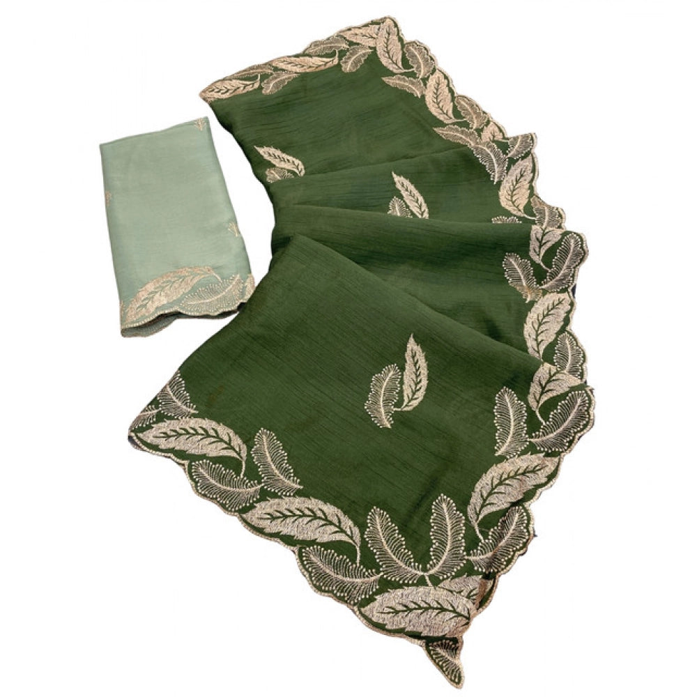 Women's Chiffon Embroidered Saree With Unstitched Blouse 5.5Mtr?(Green)