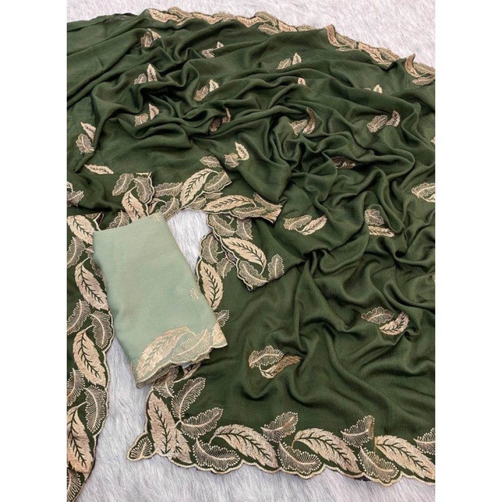 Women's Chiffon Embroidered Saree With Unstitched Blouse 5.5Mtr?(Green)
