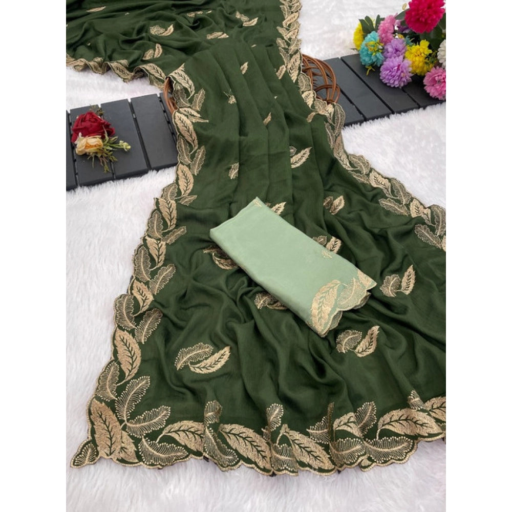 Women's Chiffon Embroidered Saree With Unstitched Blouse 5.5Mtr?(Green)
