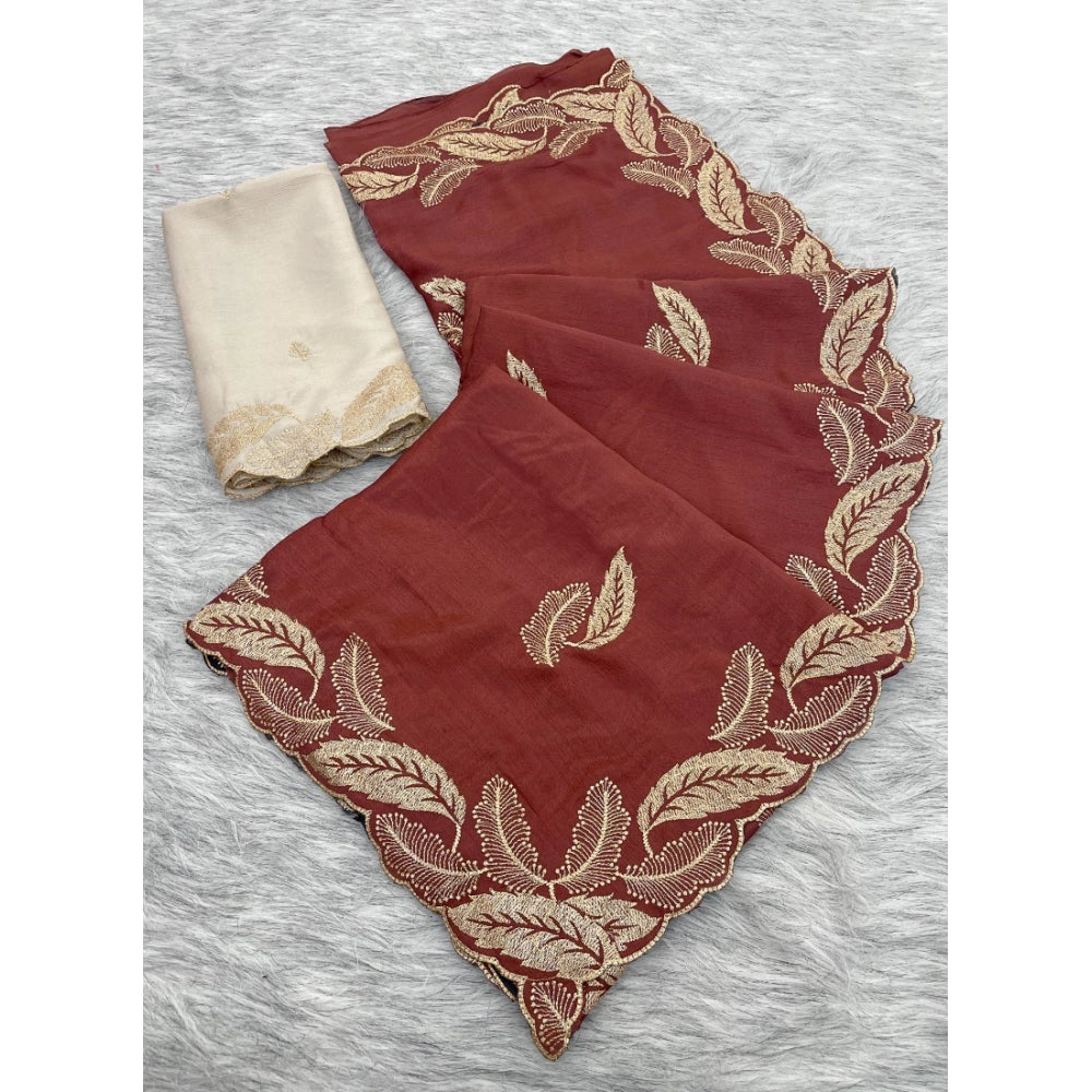 Women's Chiffon Embroidered Saree With Unstitched Blouse 5.5Mtr?(Maroon)