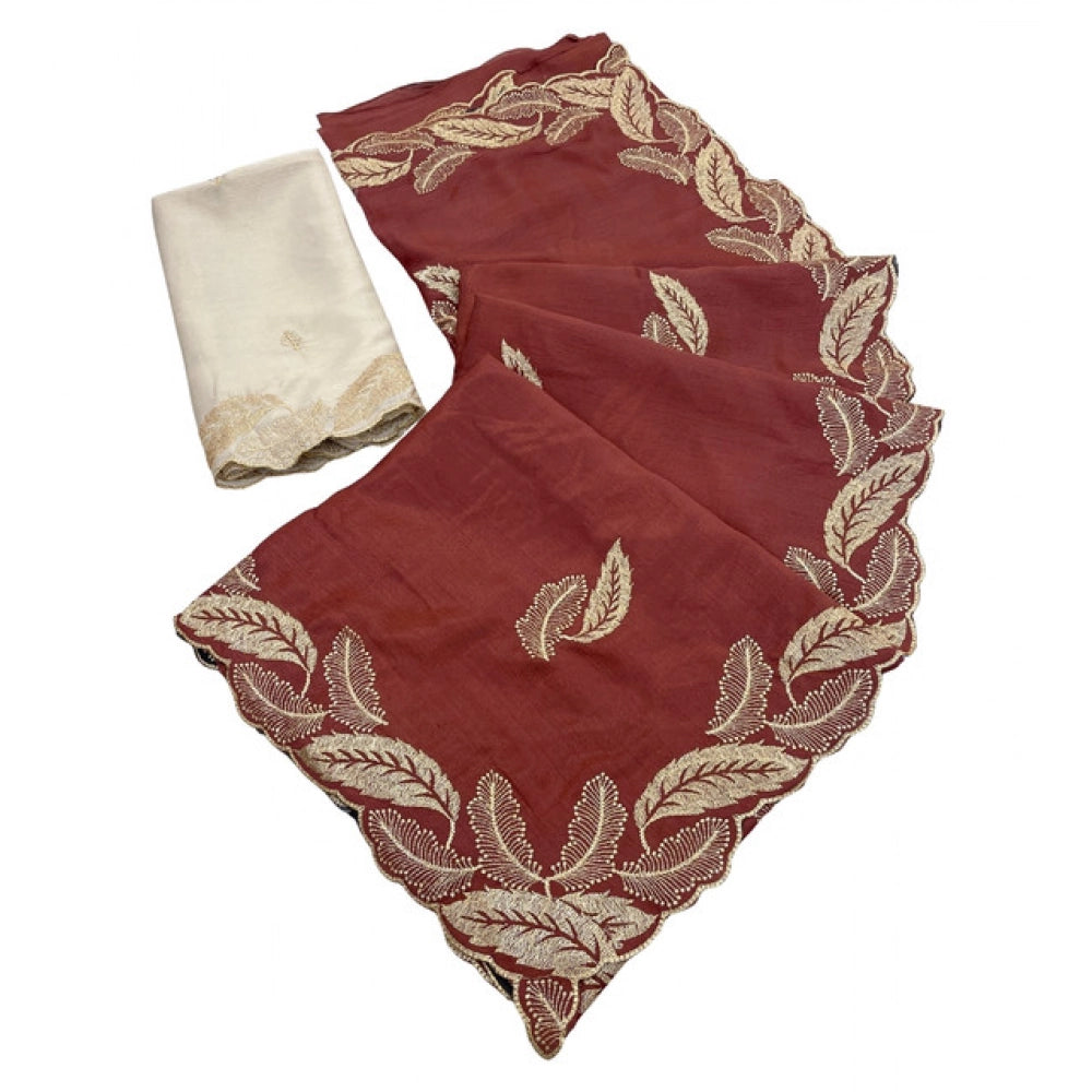 Women's Chiffon Embroidered Saree With Unstitched Blouse 5.5Mtr?(Maroon)