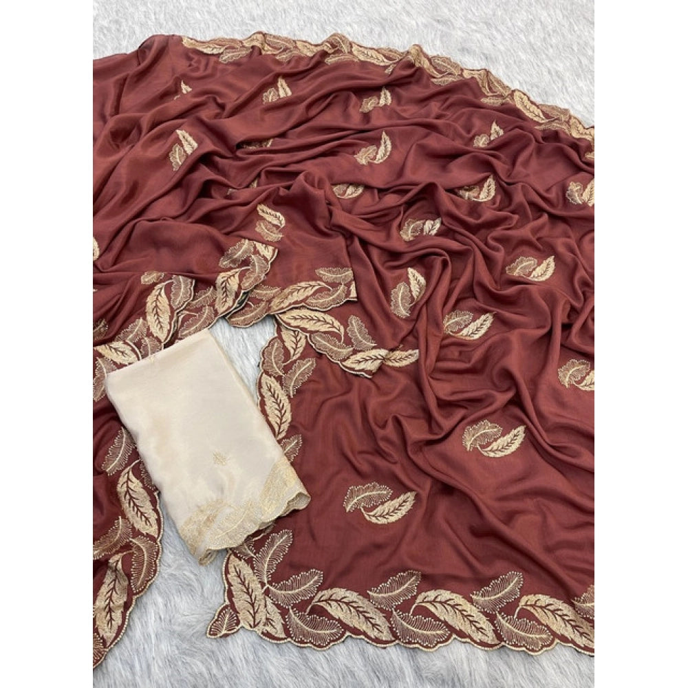 Women's Chiffon Embroidered Saree With Unstitched Blouse 5.5Mtr?(Maroon)