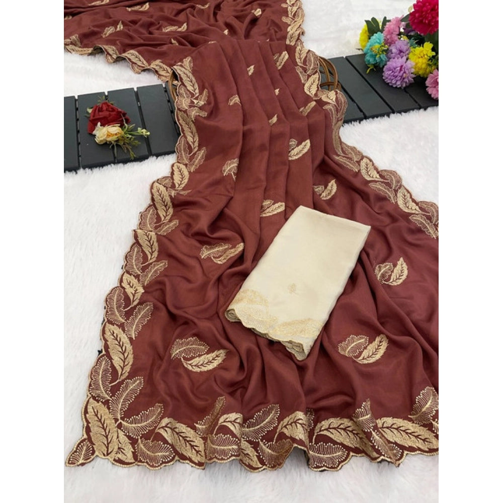 Women's Chiffon Embroidered Saree With Unstitched Blouse 5.5Mtr?(Maroon)