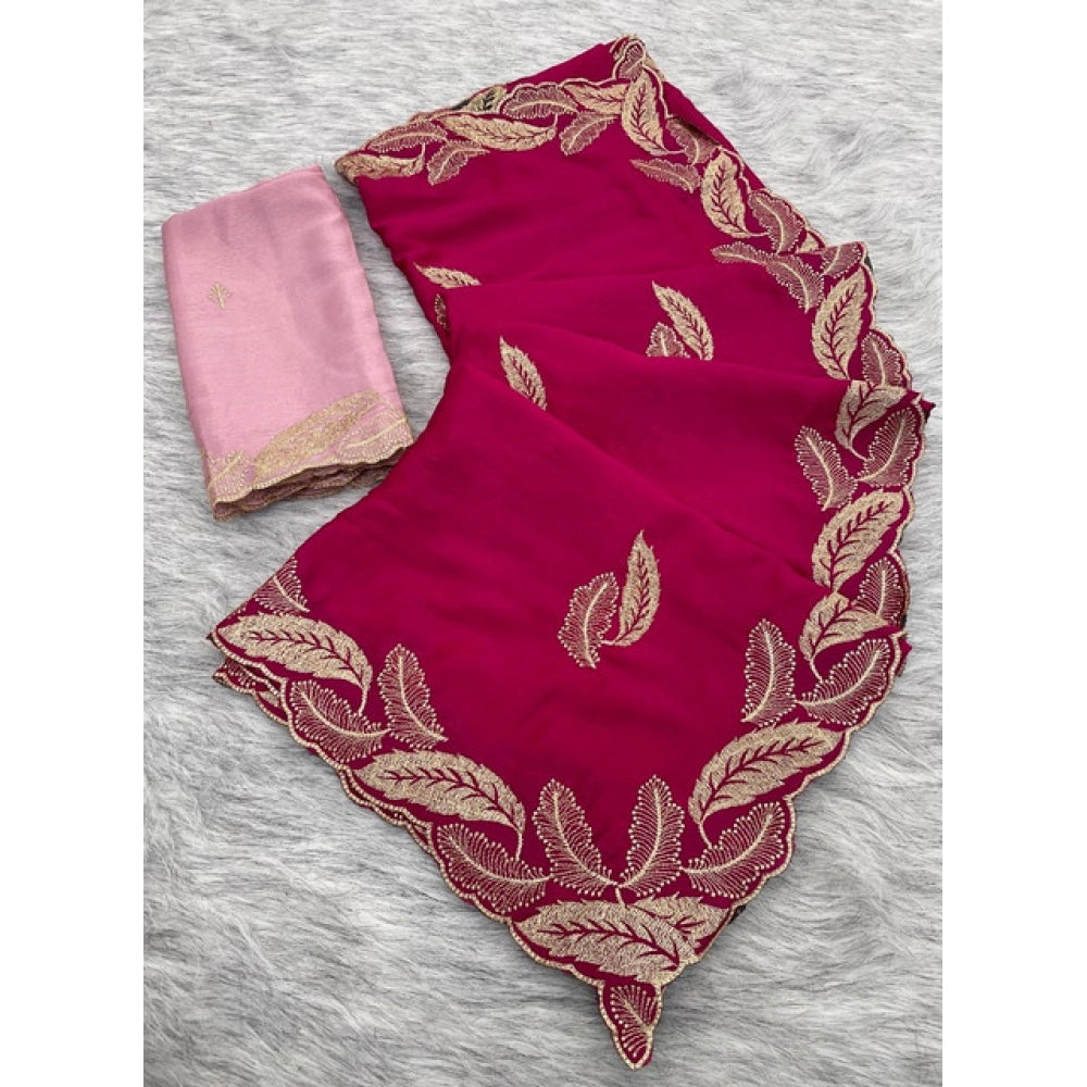 Women's Chiffon Embroidered Saree With Unstitched Blouse 5.5Mtr?(Pink)