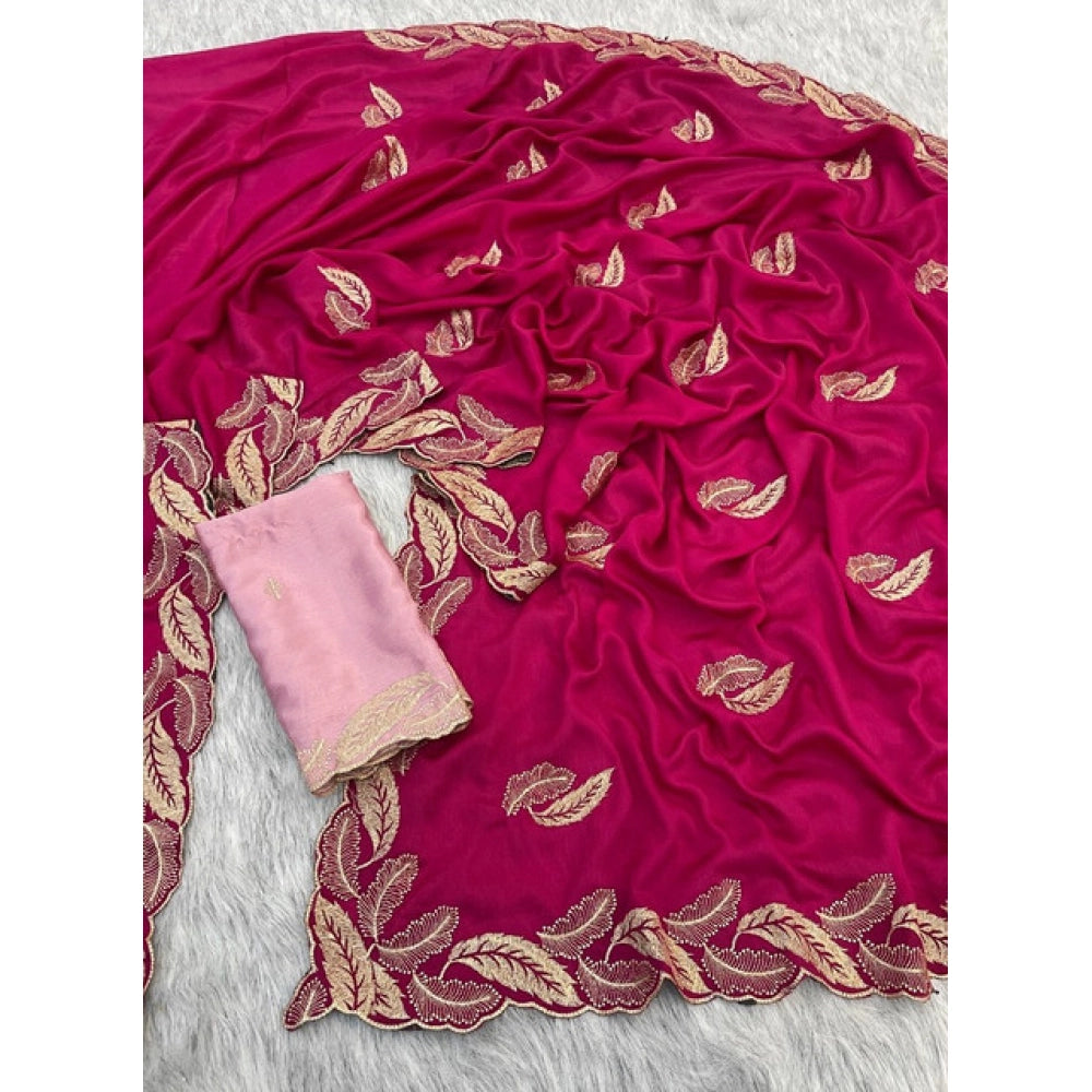 Women's Chiffon Embroidered Saree With Unstitched Blouse 5.5Mtr?(Pink)