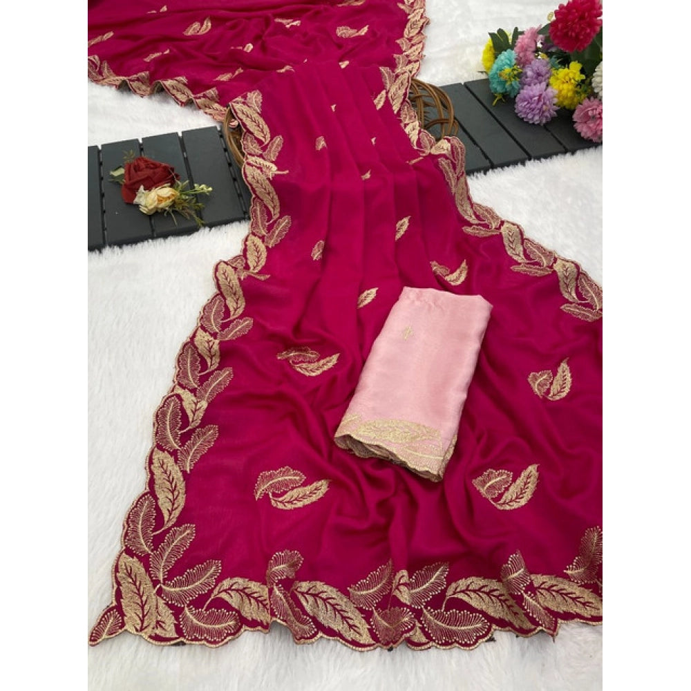 Women's Chiffon Embroidered Saree With Unstitched Blouse 5.5Mtr?(Pink)
