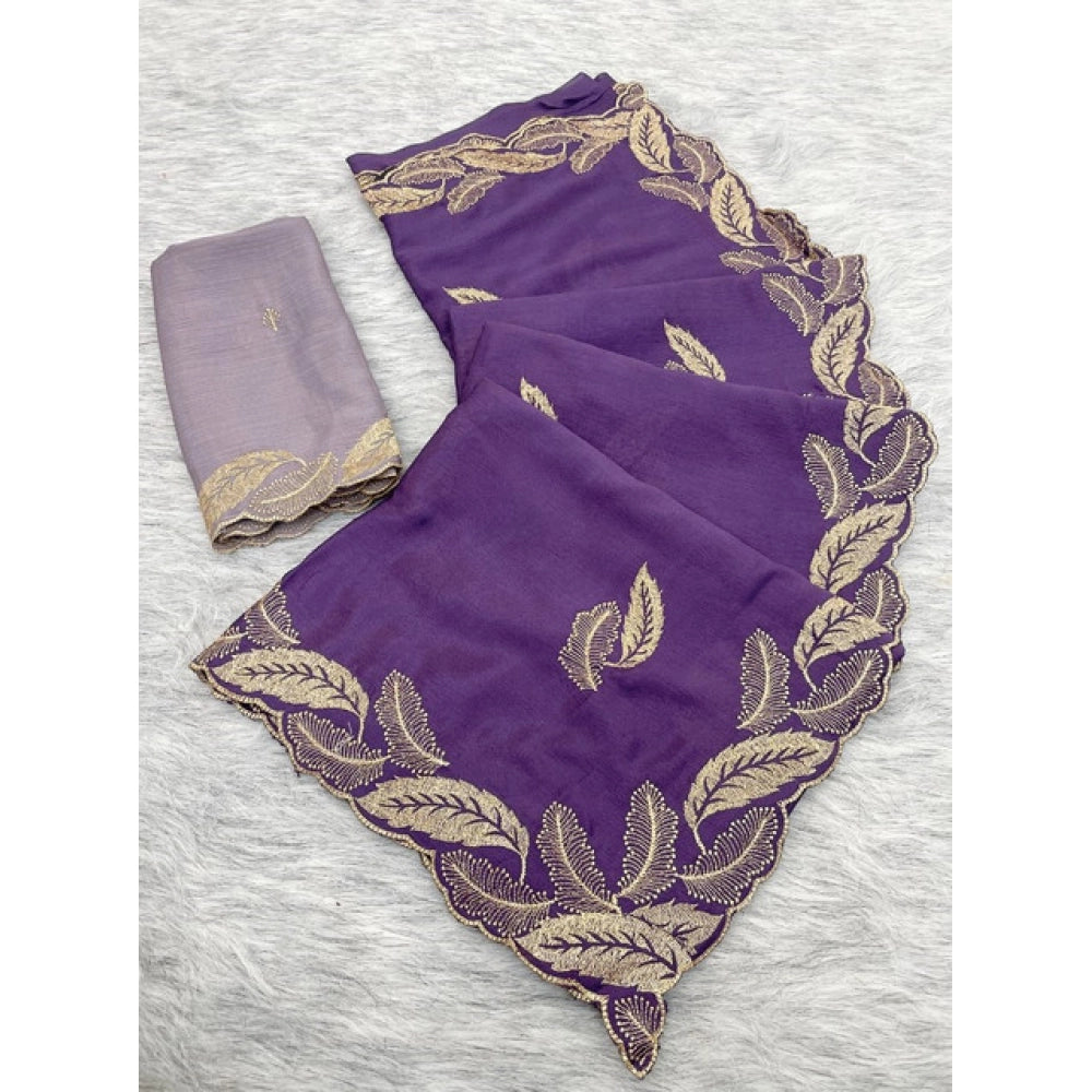 Women's Chiffon Embroidered Saree With Unstitched Blouse 5.5Mtr?(Purple)