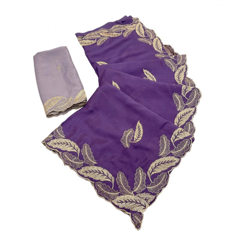 Women's Chiffon Embroidered Saree With Unstitched Blouse 5.5Mtr?(Purple)