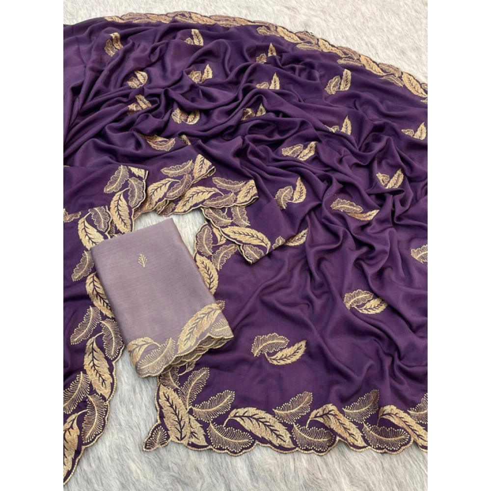 Women's Chiffon Embroidered Saree With Unstitched Blouse 5.5Mtr?(Purple)