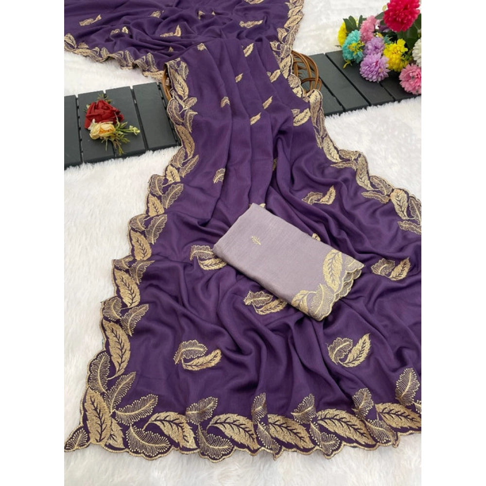 Women's Chiffon Embroidered Saree With Unstitched Blouse 5.5Mtr?(Purple)