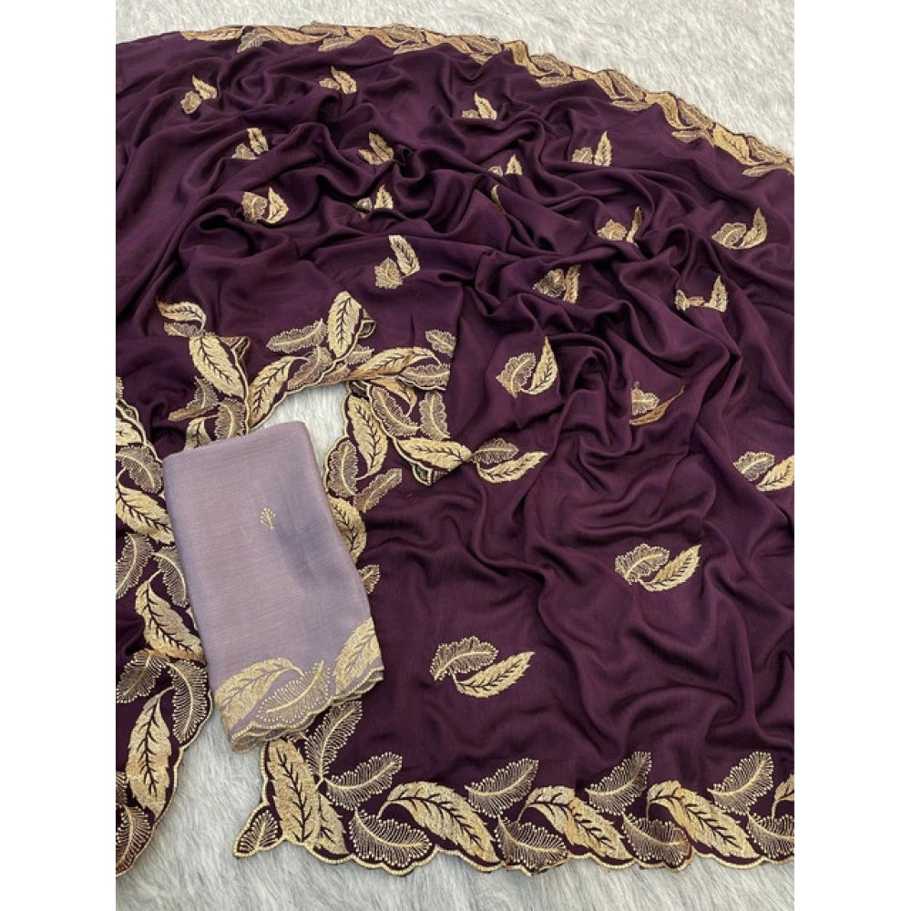 Women's Chiffon Embroidered Saree With Unstitched Blouse 5.5Mtr?(Magenta)
