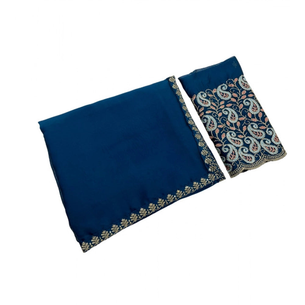 Women's Chiffon Embroidered Saree With Unstitched Blouse 5.5Mtr?(Teal)