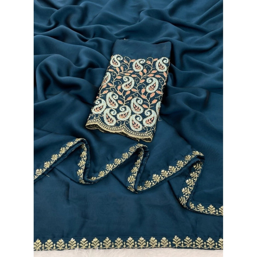 Women's Chiffon Embroidered Saree With Unstitched Blouse 5.5Mtr?(Teal)