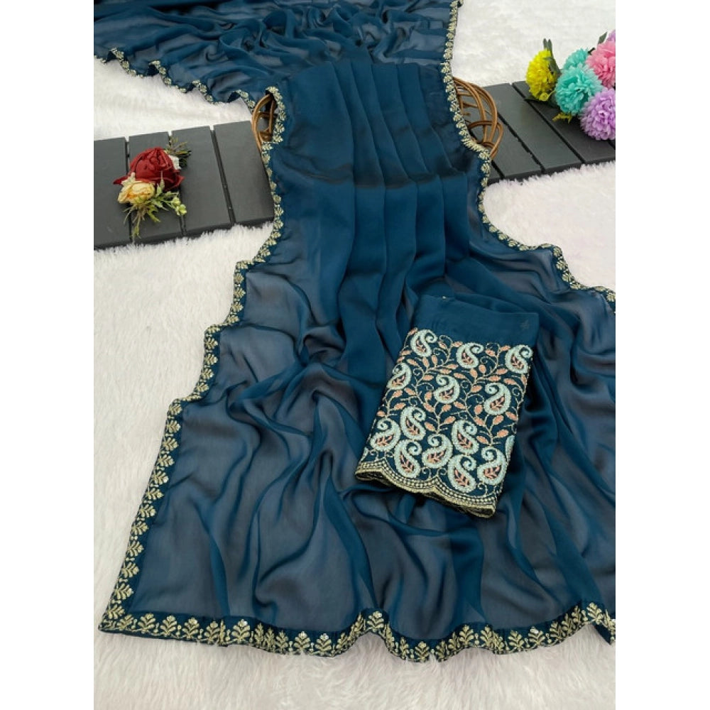 Women's Chiffon Embroidered Saree With Unstitched Blouse 5.5Mtr?(Teal)