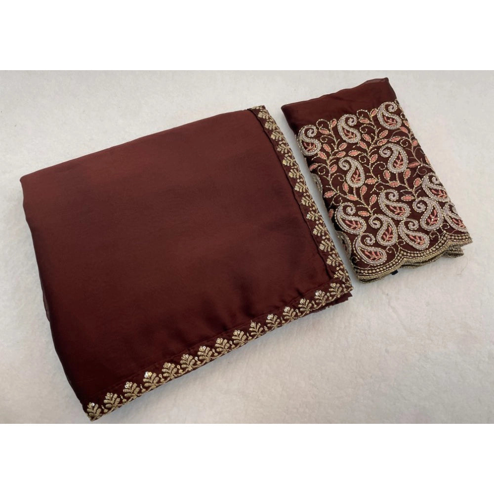 Women's Chiffon Embroidered Saree With Unstitched Blouse 5.5Mtr?(Brown)