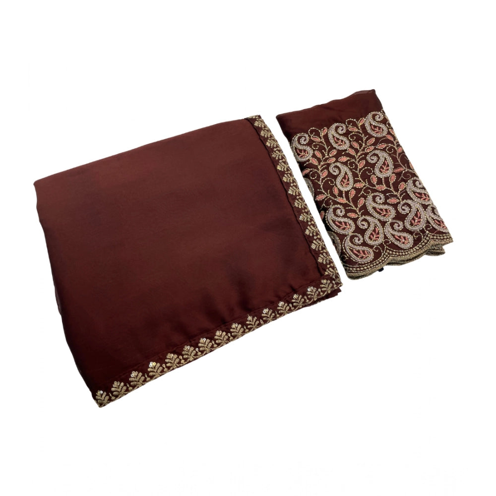 Women's Chiffon Embroidered Saree With Unstitched Blouse 5.5Mtr?(Brown)