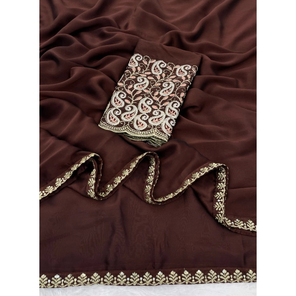Women's Chiffon Embroidered Saree With Unstitched Blouse 5.5Mtr?(Brown)