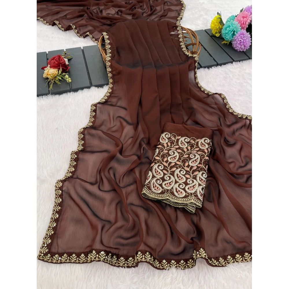 Women's Chiffon Embroidered Saree With Unstitched Blouse 5.5Mtr?(Brown)