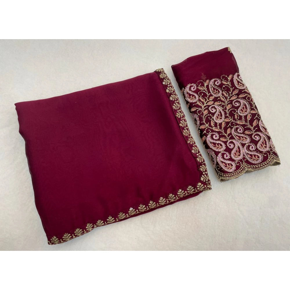 Women's Chiffon Embroidered Saree With Unstitched Blouse 5.5Mtr?(Maroon)