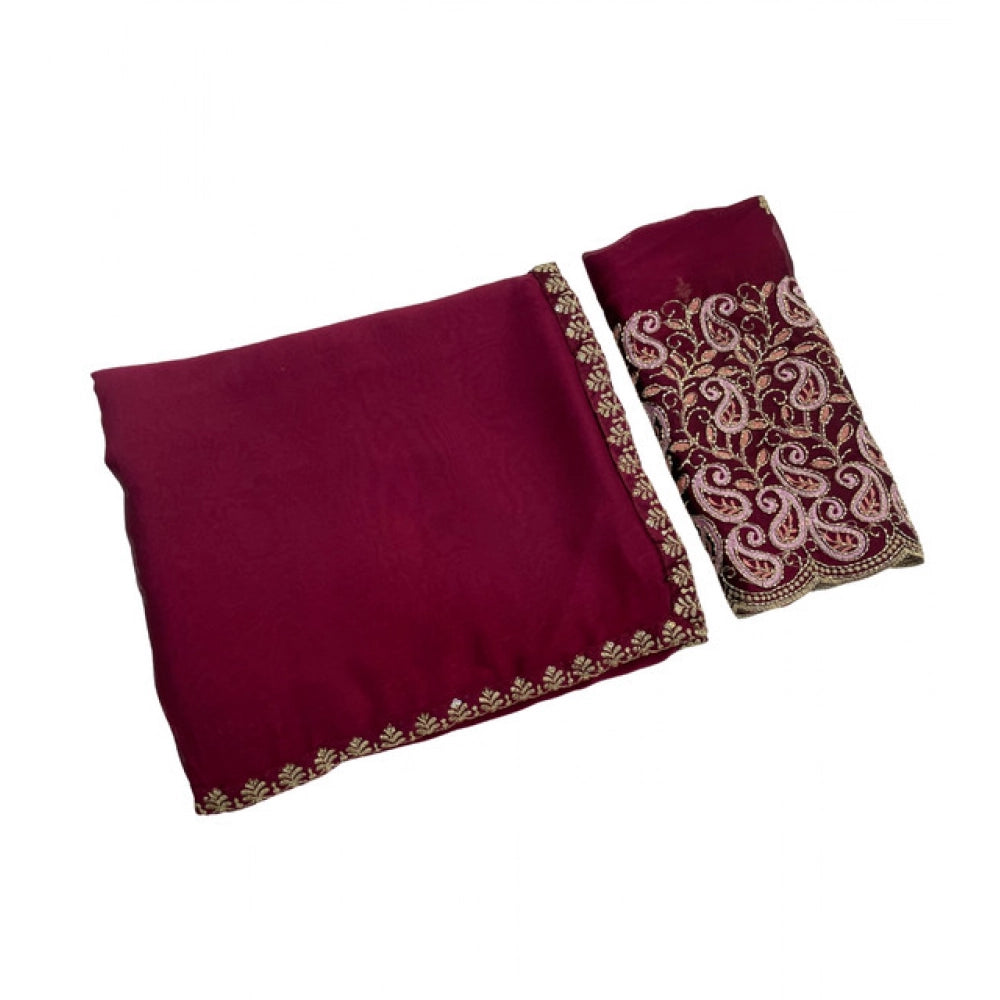 Women's Chiffon Embroidered Saree With Unstitched Blouse 5.5Mtr?(Maroon)