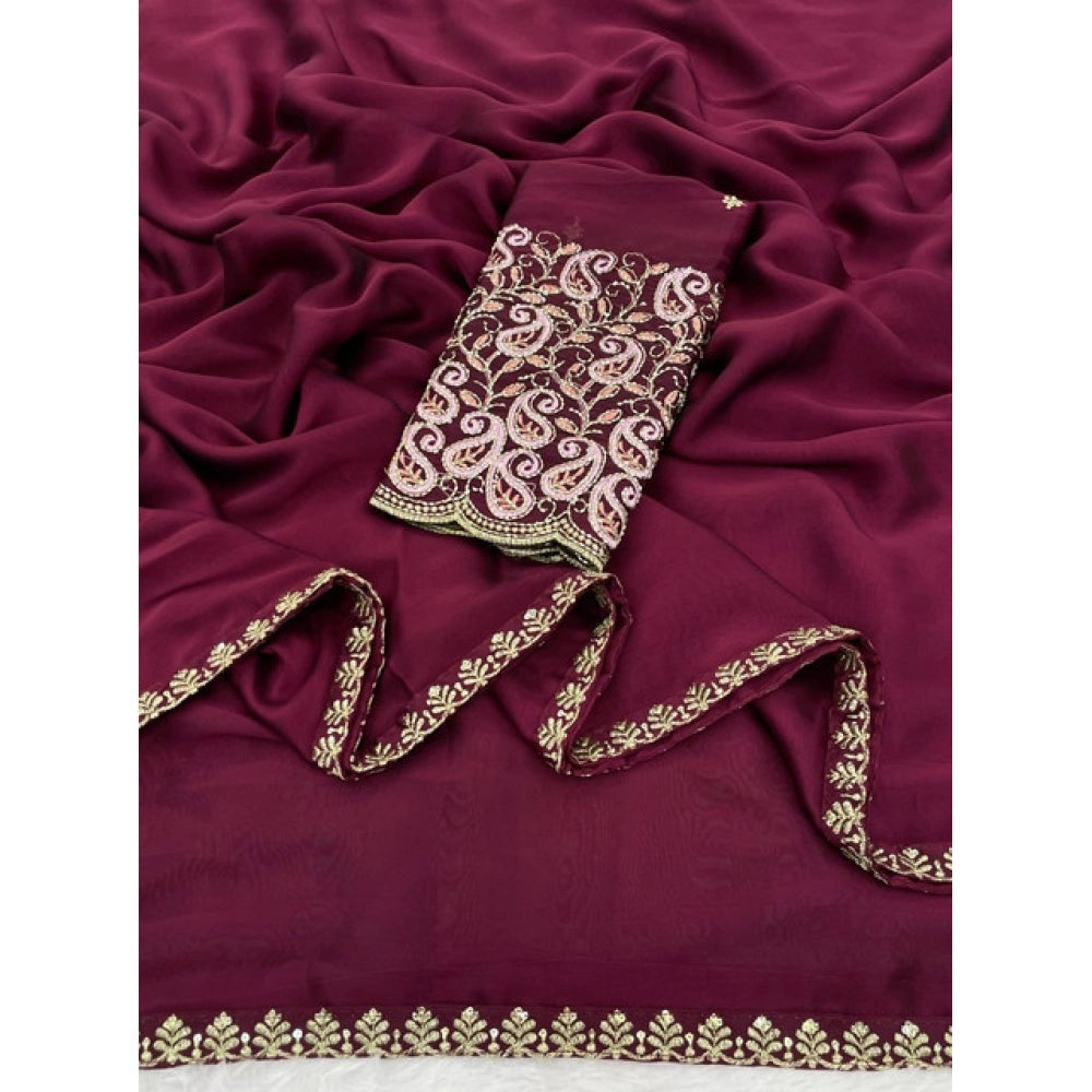 Women's Chiffon Embroidered Saree With Unstitched Blouse 5.5Mtr?(Maroon)