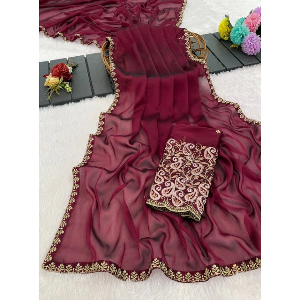 Women's Chiffon Embroidered Saree With Unstitched Blouse 5.5Mtr?(Maroon)