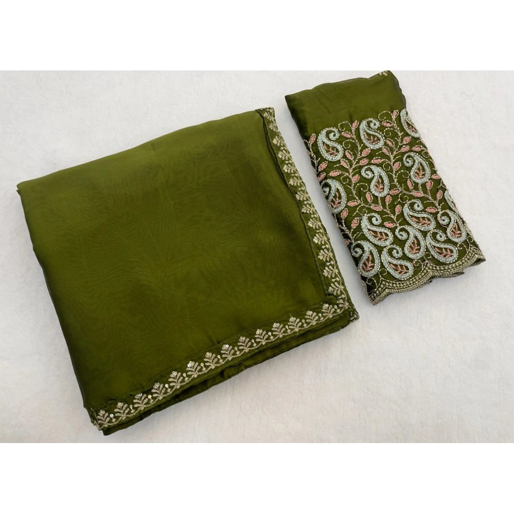 Women's Chiffon Embroidered Saree With Unstitched Blouse 5.5Mtr?(Olive Green)