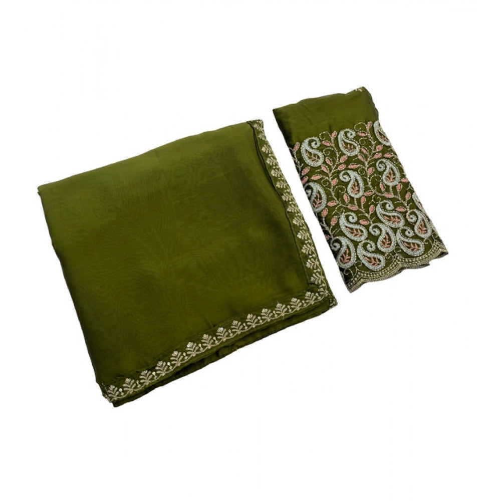 Women's Chiffon Embroidered Saree With Unstitched Blouse 5.5Mtr?(Olive Green)