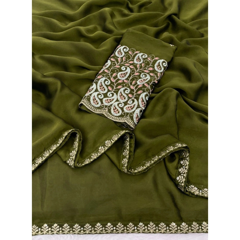 Women's Chiffon Embroidered Saree With Unstitched Blouse 5.5Mtr?(Olive Green)