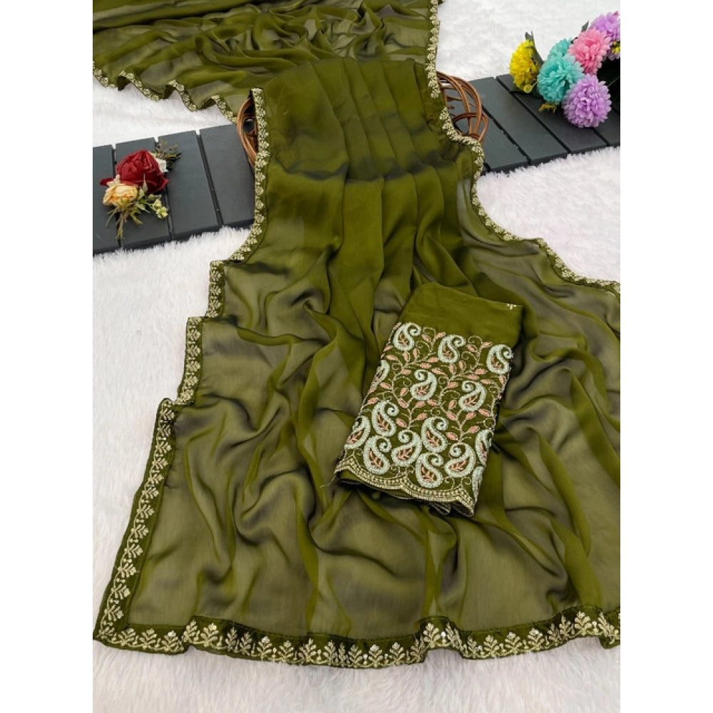Women's Chiffon Embroidered Saree With Unstitched Blouse 5.5Mtr?(Olive Green)