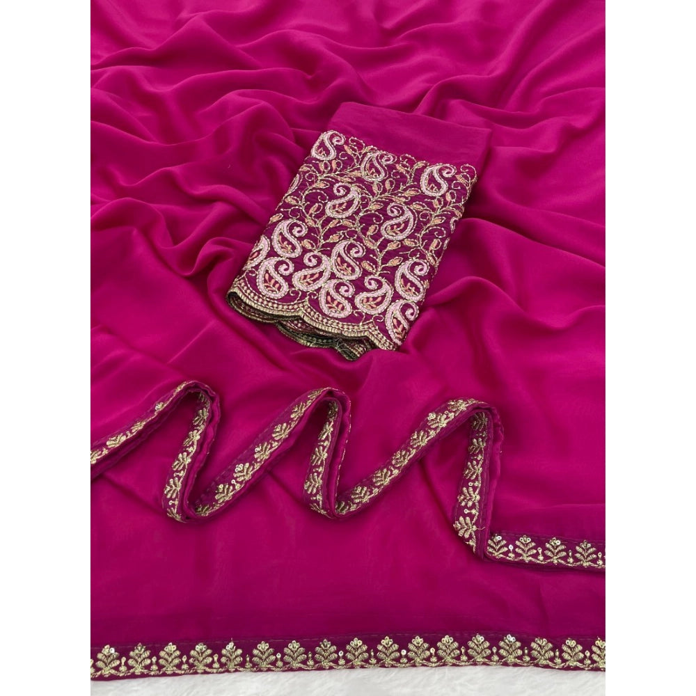 Women's Chiffon Embroidered Saree With Unstitched Blouse 5.5Mtr?(Magenta)