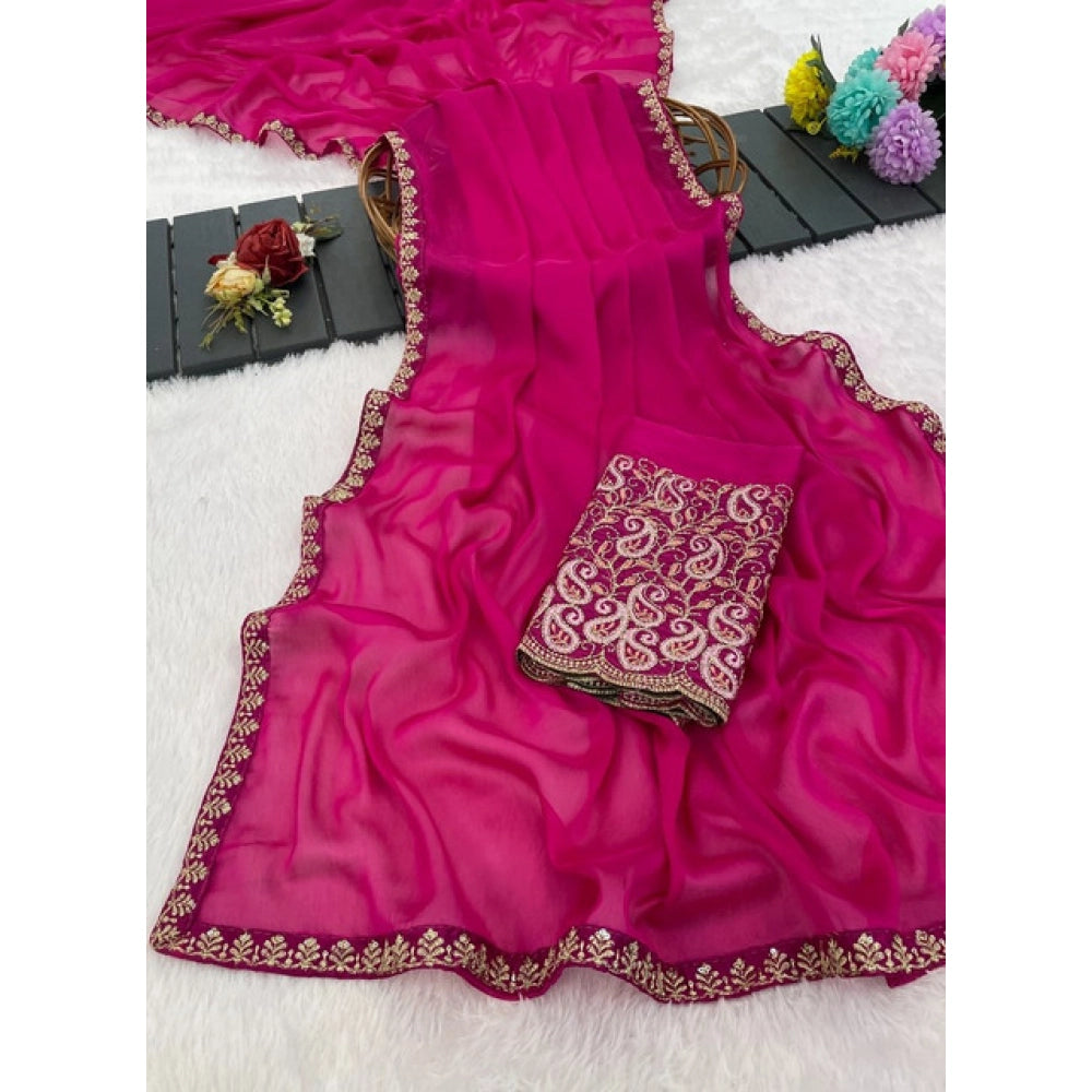 Women's Chiffon Embroidered Saree With Unstitched Blouse 5.5Mtr?(Magenta)