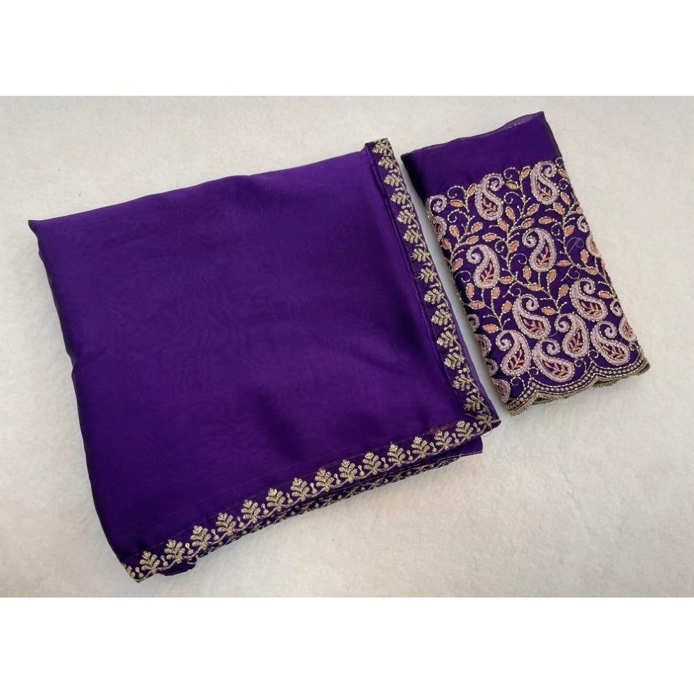 Women's Chiffon Embroidered
 Saree With Unstitched Blouse 5.5Mtr?(Purple)