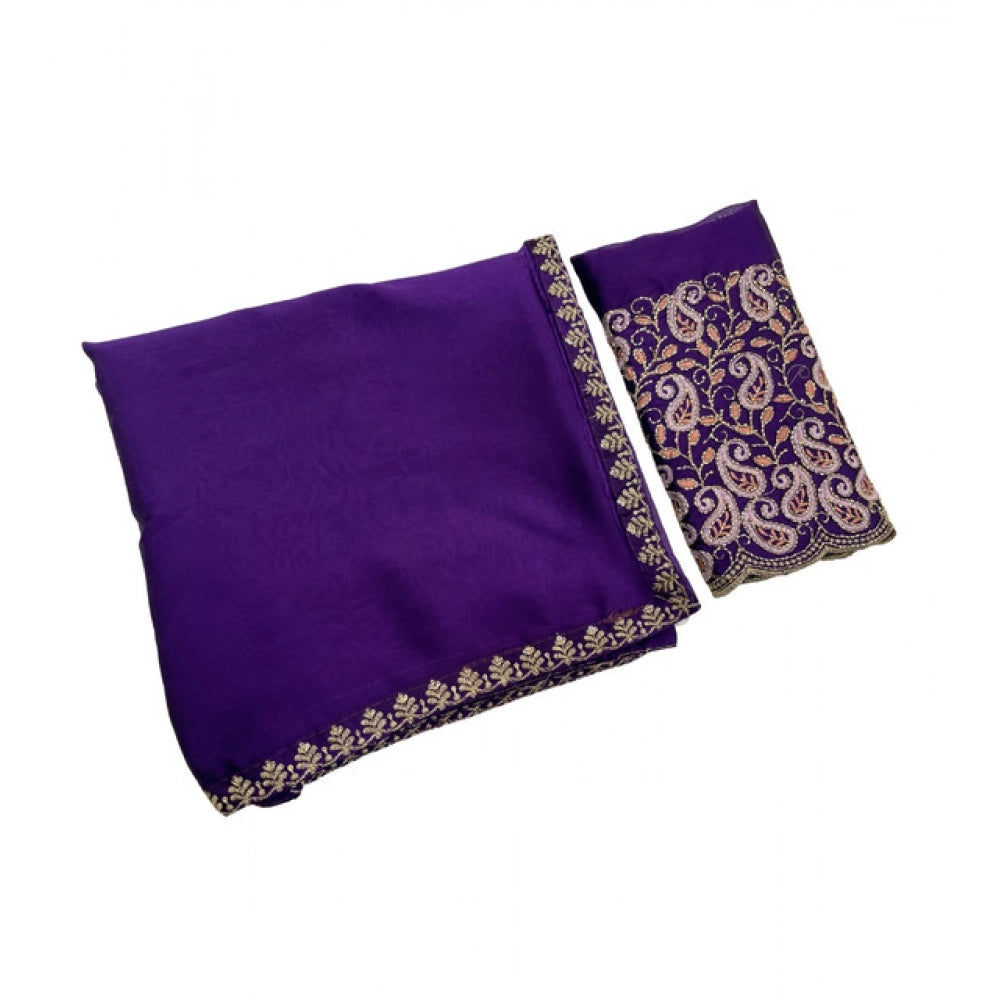 Women's Chiffon Embroidered
 Saree With Unstitched Blouse 5.5Mtr?(Purple)