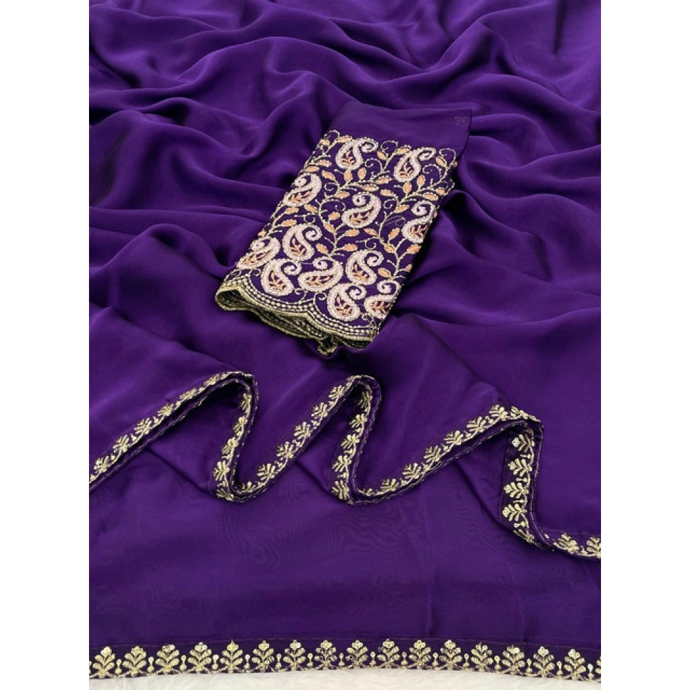 Women's Chiffon Embroidered
 Saree With Unstitched Blouse 5.5Mtr?(Purple)